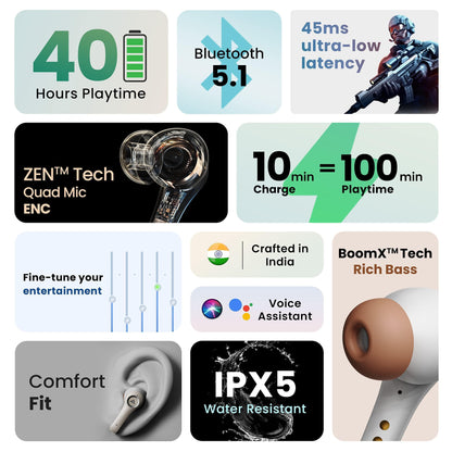 Boult Audio X30 True Wireless in Ear Earbuds with 40H Playtime, Quad Mic ENC, 45ms Xtreme Low Latency, Made in India, Type-C Fast Charging, 3 Equalizer Modes (Rock, BoomX, Hi-Fi), BT 5.1 (Warm Grey)