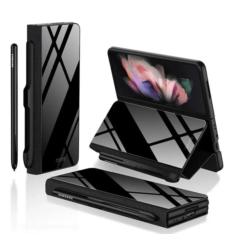 Elegant Tempered Glass Leather Flip Case - Samsung