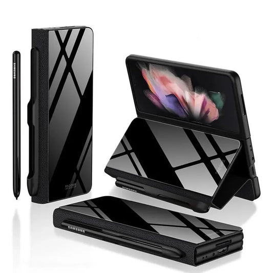 Elegant Tempered Glass Leather Flip Case - Samsung