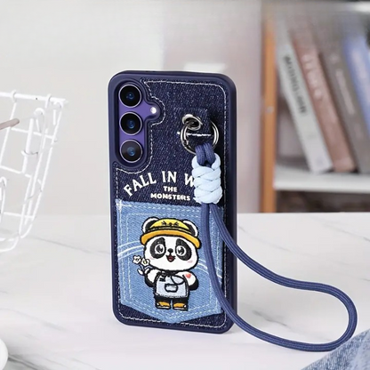 Denim Embroidery Card Holder Strap Case - Samsung