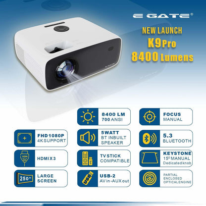 E Gate New K9 Pro Ultra Bright 750 ANSI Bluetooth Projector for Home, 4K Support | Brightest in Segment | 635cm Max Screen | 5W Inbuilt Speaker | 3 HDMI, 2 USB, AV, Aux, mSD Card (White)