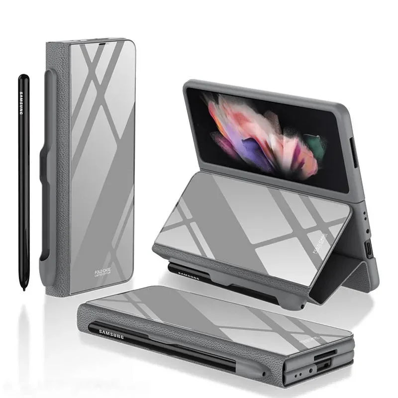 Elegant Tempered Glass Leather Flip Case - Samsung