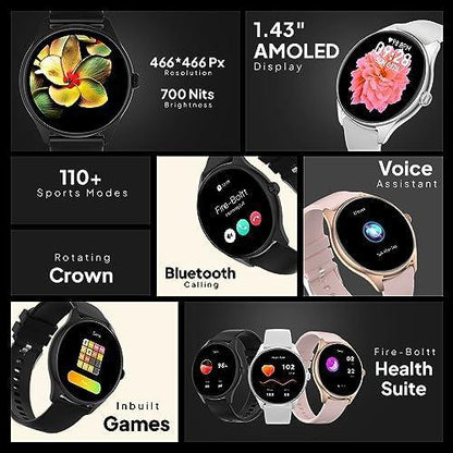 Fire-Boltt Phoenix AMOLED 1.43" Display Smart Watch, with 700 NITS Brightness, Stainless Steel Rotating Crown, Multipe Sports Modes & 360 Health (Grey)
