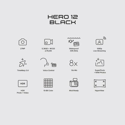 GoPro Hero12 Waterproof Digital Action Camera with Front&Rear LCD Screens,5.3K60 Ultra Hd Video,Hypersmooth 6.0+Autoboost,Live Streaming with Enduro Battery(1-Yr +1-Yr India Warranty),Black