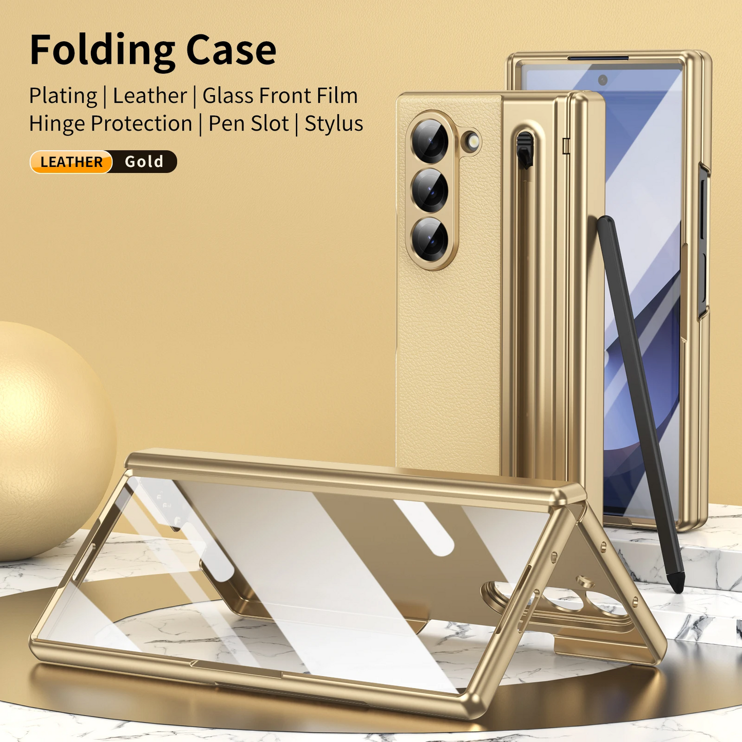 Galaxy Z Fold6 Plating Leather Case with Pen Slot & Hinge Protection