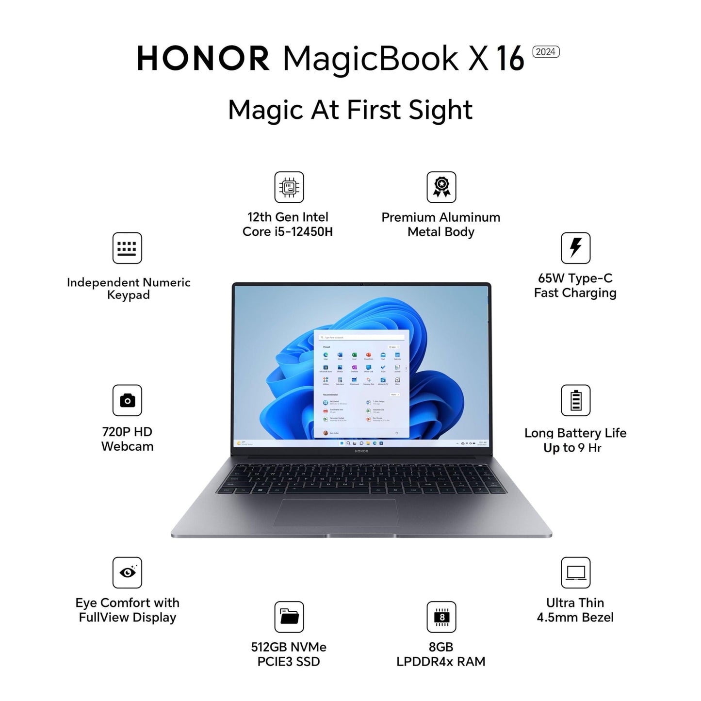 HONOR MagicBook X16 (2024), 12th Gen Intel Core i5-12450H, 16-inch (40.64 cm) FHD IPS Anti-Glare Thin and Light Laptop (8GB/512GB PCIe SSD/Windows 11/ Full-Size Numeric Keyboard /1.68Kg), Gray