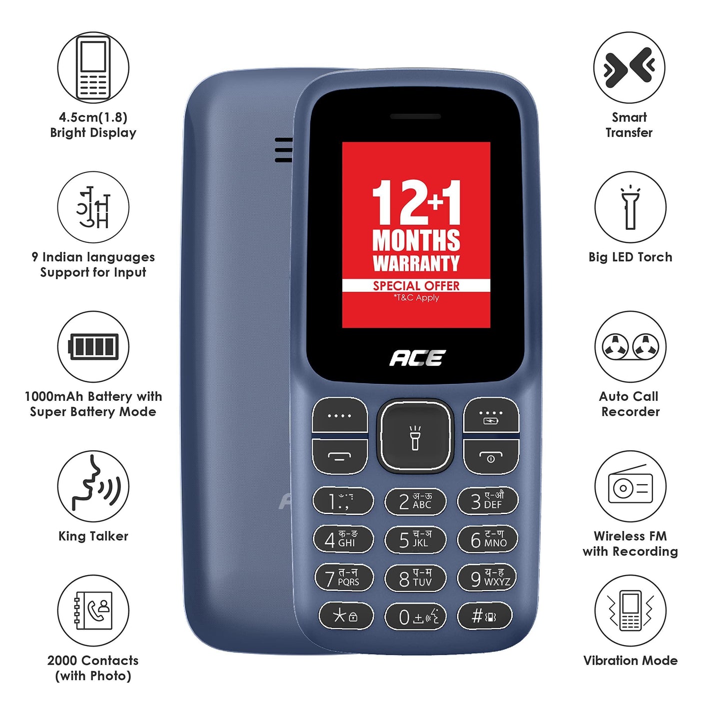 Itel Ace2 Comes with 1.8" Display Size, 1000 mAh Battery, Bluetooth with Kingtalker & Contact icon Support | Deep Blue