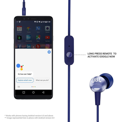 JBL C200SI, Premium in Ear Wired Earphones with Mic, Signature Sound, One Button Multi-Function Remote, Premium Metallic Finish, Angled Earbuds for Comfort fit (Blue)