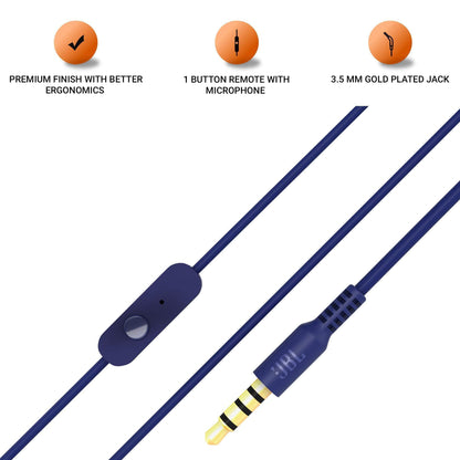 JBL C200SI, Premium in Ear Wired Earphones with Mic, Signature Sound, One Button Multi-Function Remote, Premium Metallic Finish, Angled Earbuds for Comfort fit (Blue)