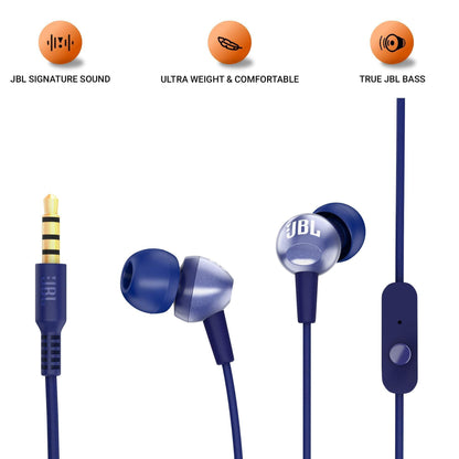 JBL C200SI, Premium in Ear Wired Earphones with Mic, Signature Sound, One Button Multi-Function Remote, Premium Metallic Finish, Angled Earbuds for Comfort fit (Blue)