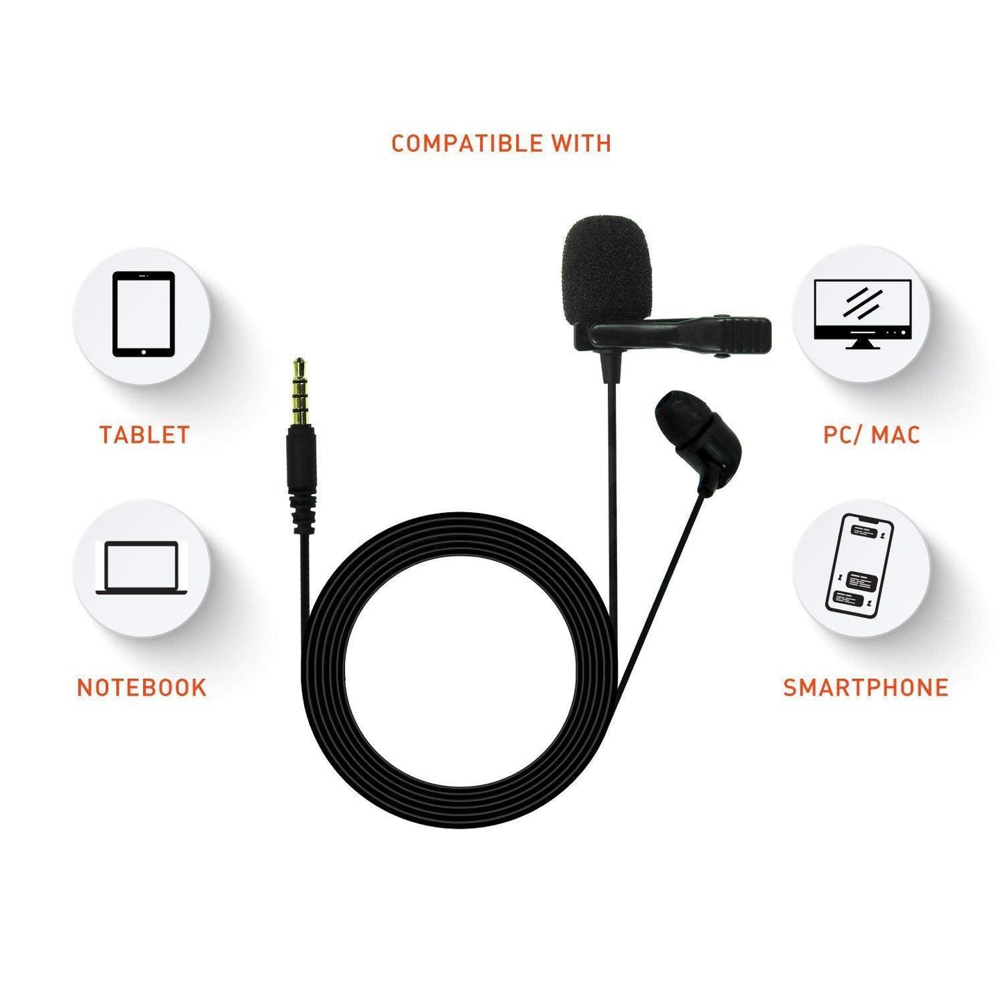 JBL Commercial CSLM20 Auxiliary Omnidirectional Lavalier Microphone, Earphone For calls, Video Conferences, And Monitoring, Black, Small