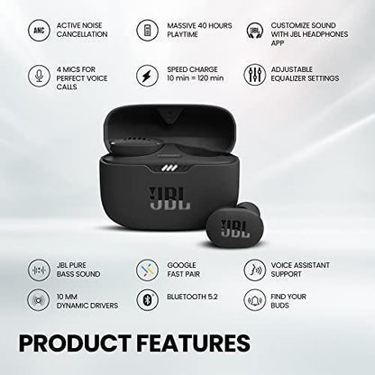 JBL Tune 130NC in Ear Wireless TWS Earbuds with Mic, ANC Earbuds(Upto 40Db), Customizable Bass with Headphones App, 40Hrs Playtime, Legendary Sound, 4 Mics for Clear Calls, Bluetooth 5.2 (Black)