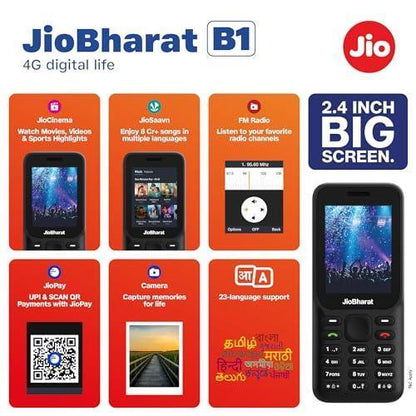 JioBharat B1 4G Keypad Phone with JioCinema, JioSaavn, JioPay (UPI), 2.4 Inch Big Display, Powerful 2000mAh Battery, Digital Camera | Black | Locked for JioNetwork