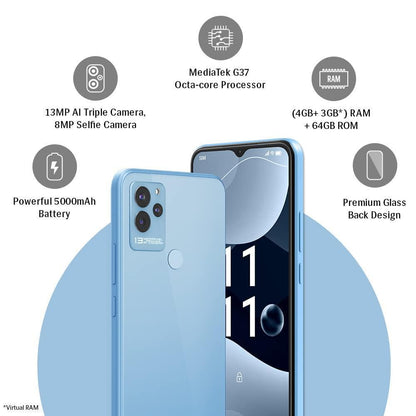 Lava Blaze NXT(Glass Blue, 4GB RAM, 64GB Storage)| 2.3 Ghz Octa Core Helio G37| 13 MP AI Triple Camera |Fingerprint Sensor| 5000 mAh Battery| Upto 7GB Expandable RAM