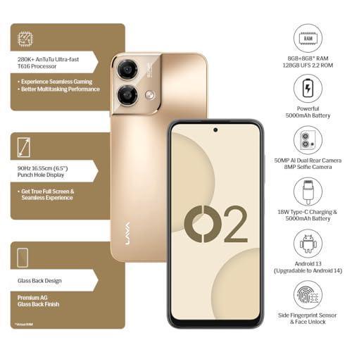Lava O2 (Royal Gold, 8GB RAM, UFS 2.2 128GB Storage) |AG Glass Back|T616 Octacore Processor|18W Fast Charging|6.5 inch 90Hz Punch Hole Display|50MP AI Dual Camera|Upto 16GB Expandable RAM
