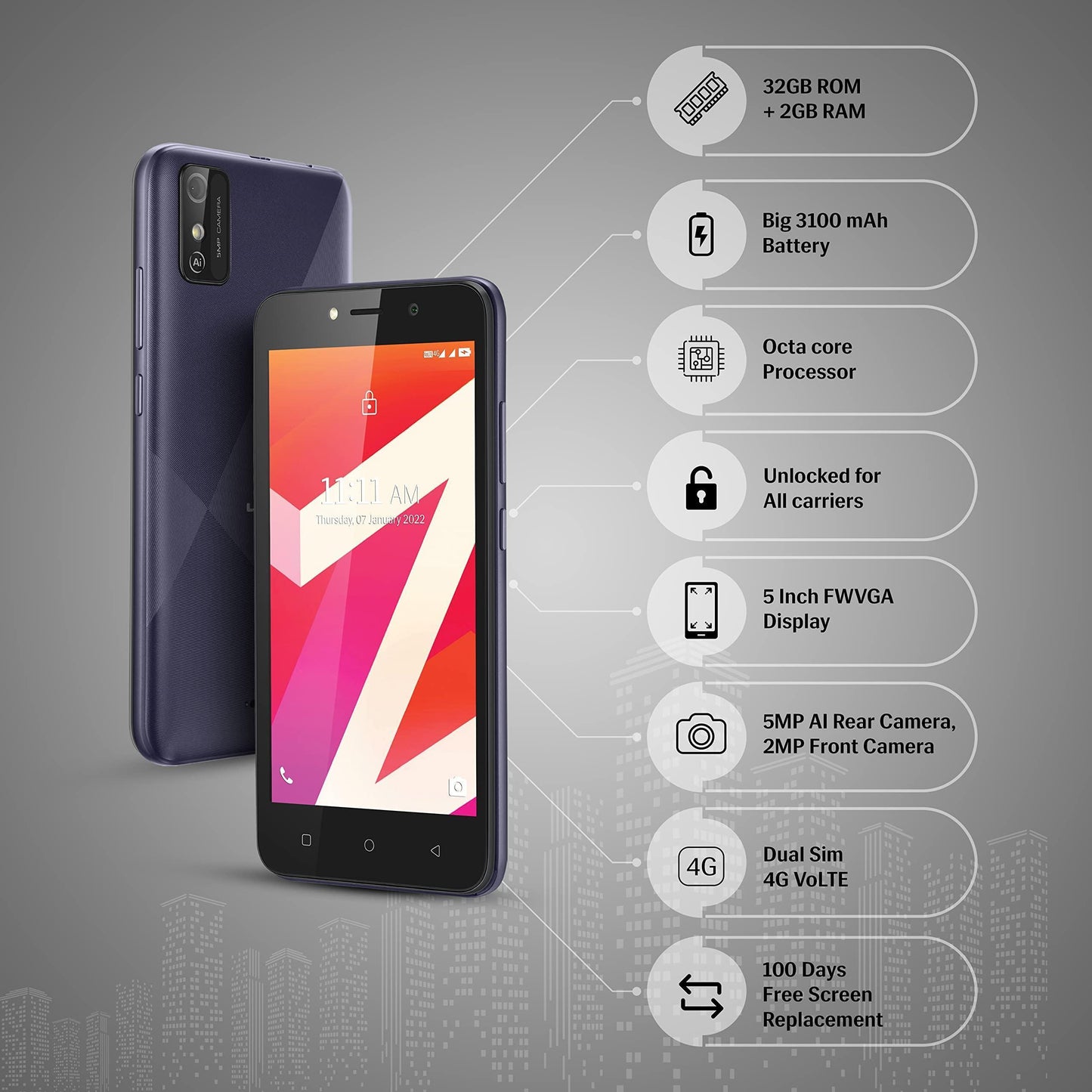 Lava Z21 (2GB RAM, 32GB ROM)-Blue| Octa Core Processor| Stock Android 11| Powerful 3100 mAh Battery