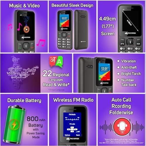 Micromax All-New J3 Sleek & Stylish |Keypad Mobile with 1.77" Screen|Auto Call Recording | Bright Torch| Wireless FM |Grey|