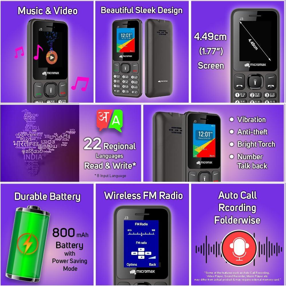 Micromax All-New J3 Sleek & Stylish |Keypad Mobile with 1.77" Screen|Auto Call Recording | Bright Torch| Wireless FM |Grey|