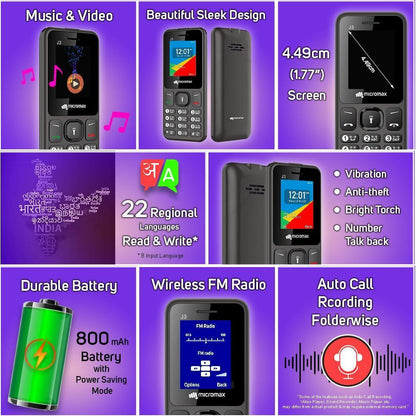 Micromax All-New J3 Sleek & Stylish |Keypad Mobile with 1.77" Screen|Auto Call Recording | Bright Torch| Wireless FM |Grey|