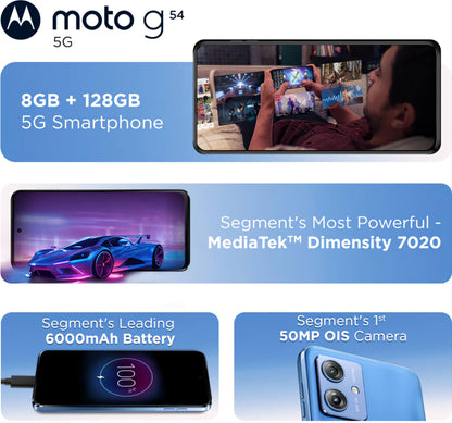Motorola G54 5G (Pearl Blue Blue, 8GB RAM, 128GB Storage) | MediaTek Dimensity 7020 Processor | 6000mAh Battery with 30W Turbocharging | 50 MP OIS Camera with UltraPixel Technology | 6000 mAh Battery