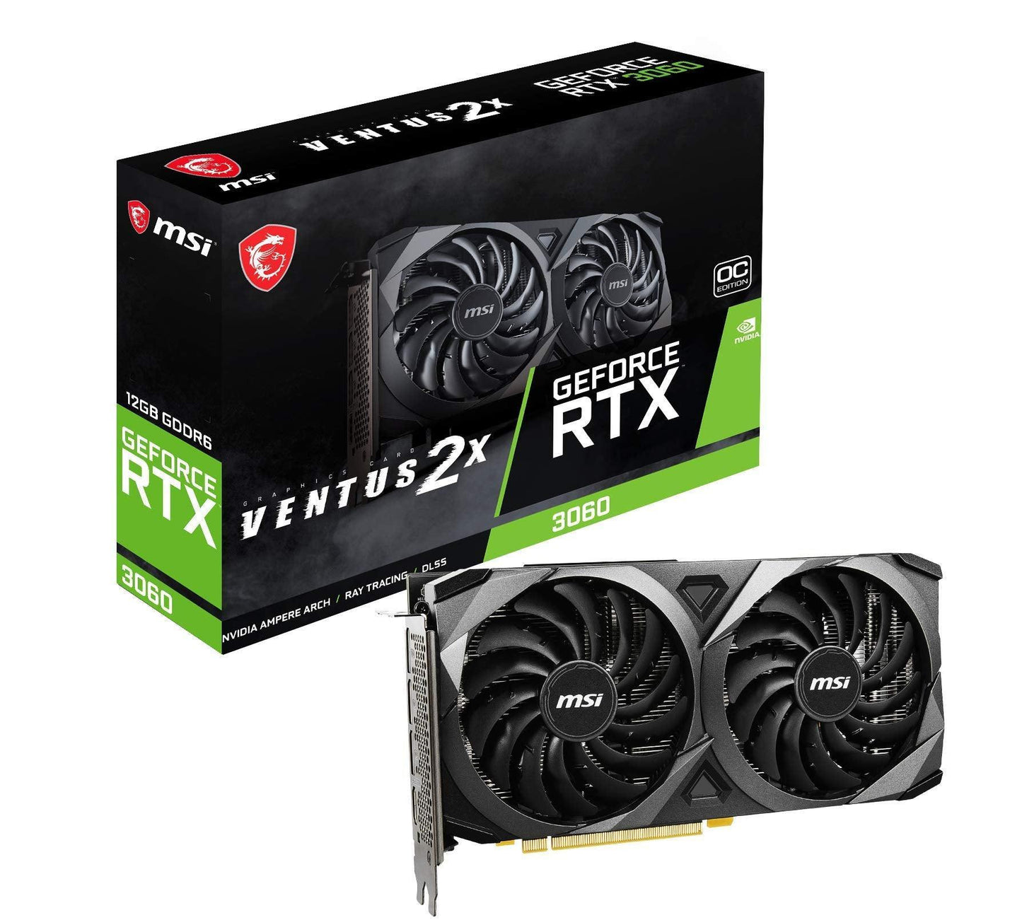 MSI Gaming GeForce RTX 3060 gddr6 pci_e_x16 12GB 15 Gbps GDRR6 192-Bit HDMI/DP PCIe 4 Torx Twin Fan Ampere OC Graphics Card (RTX 3060 Ventus 2X 12G OC), Black Preowned