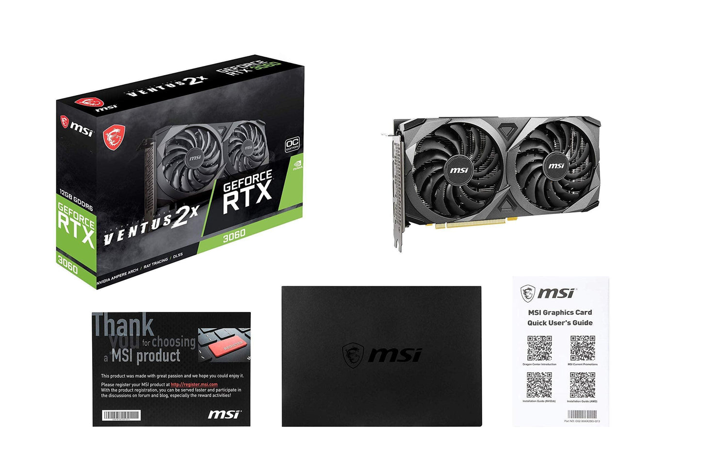 MSI Gaming GeForce RTX 3060 gddr6 pci_e_x16 12GB 15 Gbps GDRR6 192-Bit HDMI/DP PCIe 4 Torx Twin Fan Ampere OC Graphics Card (RTX 3060 Ventus 2X 12G OC), Black Preowned