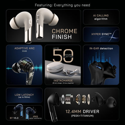 Noise Newly Launched Buds Xero Truly Wireless in-Ear Earbuds with Adaptive Hybrid ANC (Upto 50dB), in-Ear Detection, Sound+ Algorithm, 12.4MM Driver, 50H Playtime, BT v5.3(Chrome Black)