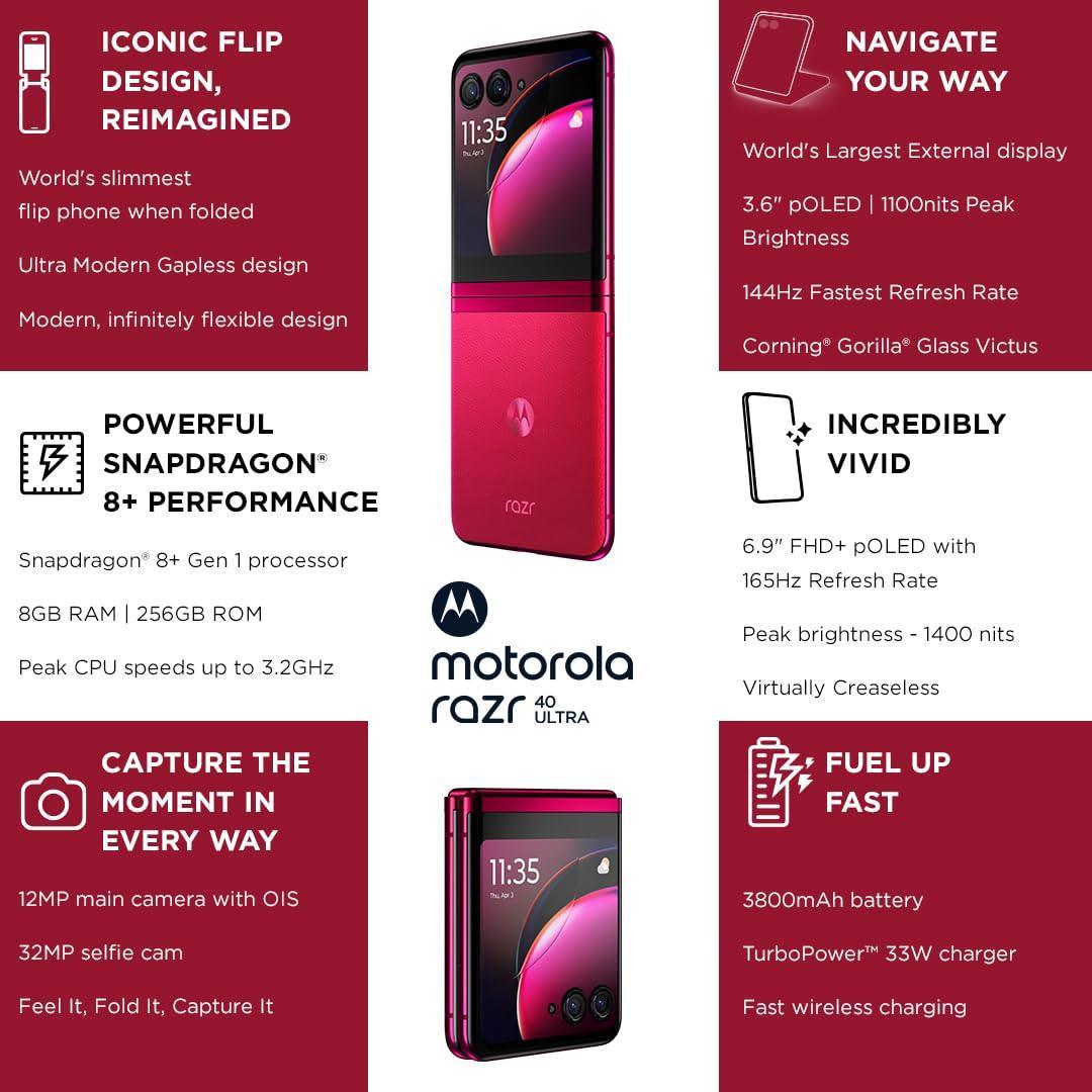 (Refurbished) Motorola razr 40 Ultra (Viva Magenta, 8GB RAM, 256GB Storage) | 3.6" External AMOLED Display | 6.9" AMOLED 165Hz Display | 32MP Selfie Camera |30W TurboPower Charging | Android 13