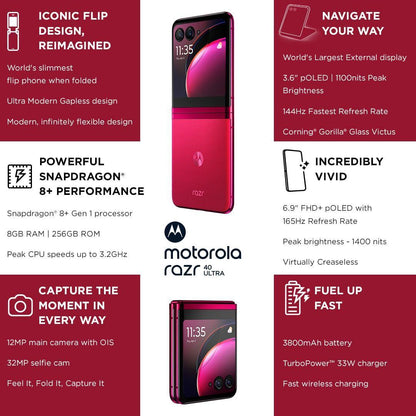 (Refurbished) Motorola razr 40 Ultra (Viva Magenta, 8GB RAM, 256GB Storage) | 3.6" External AMOLED Display | 6.9" AMOLED 165Hz Display | 32MP Selfie Camera |30W TurboPower Charging | Android 13