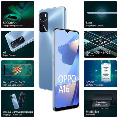 (Refurbished) Oppo A16 (Pearl Blue, 4GB RAM, 64GB Storage) Without Offers, Large