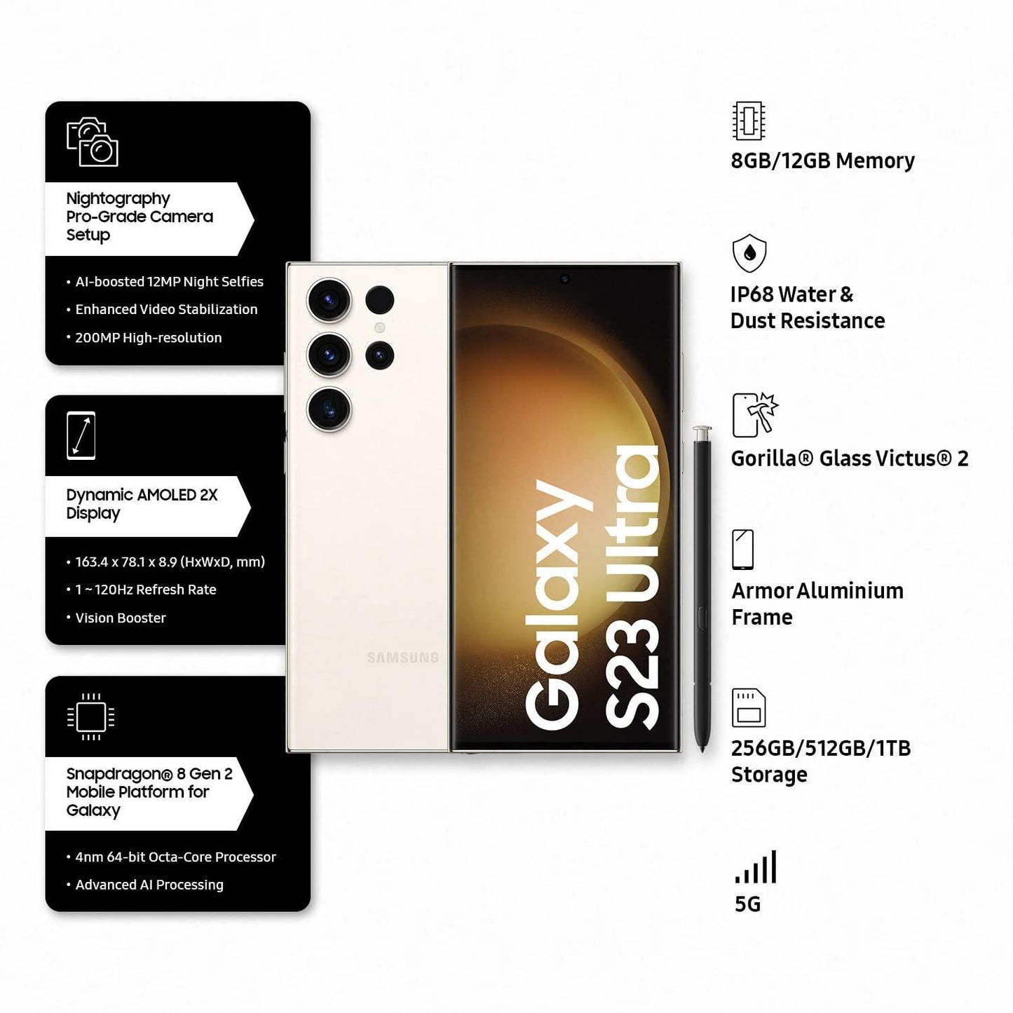 Samsung Galaxy S23 Ultra 5G AI Smartphone (Cream, 12GB, 256GB Storage) Refurbished