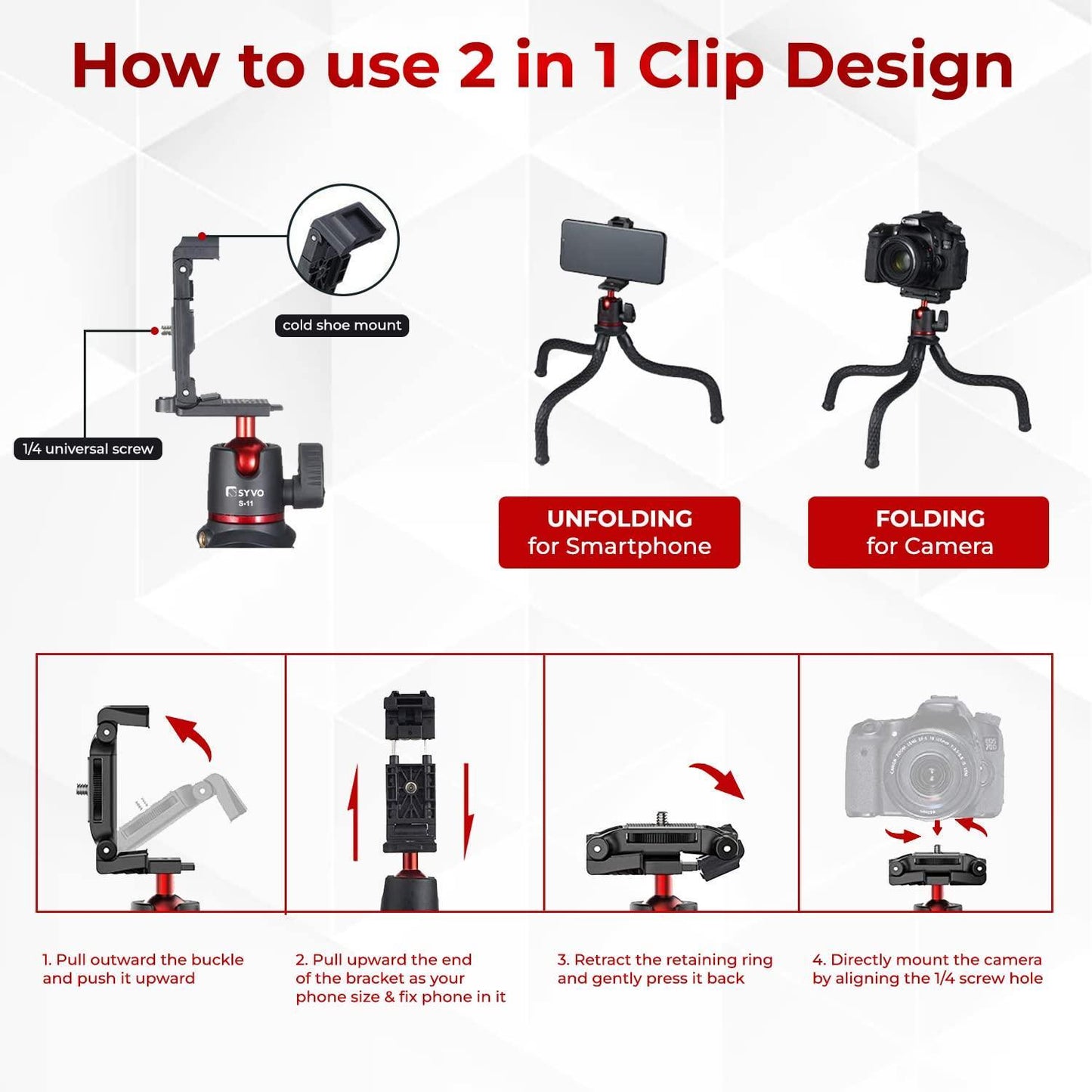 Syvo S-11 Camera Tripod, Flexible Gorilla Tripod Stand with Hidden Phone Holder w Cold Shoe Mount, 1/4'' Screw for Magic Arm, Universal for iPhone 14 13 Pro XS Max Samsung Canon Nikon Sony Cameras