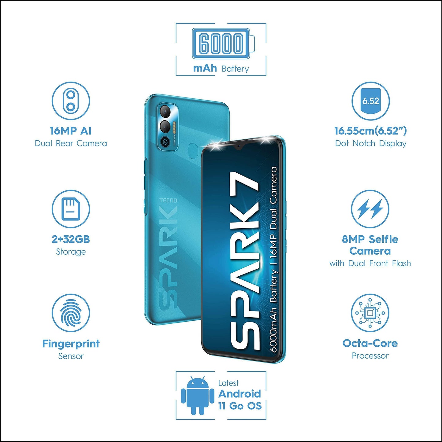 TECNO Spark 7 (Morpheus Blue, 2GB RAM, 32 GB Storage) Refurbished