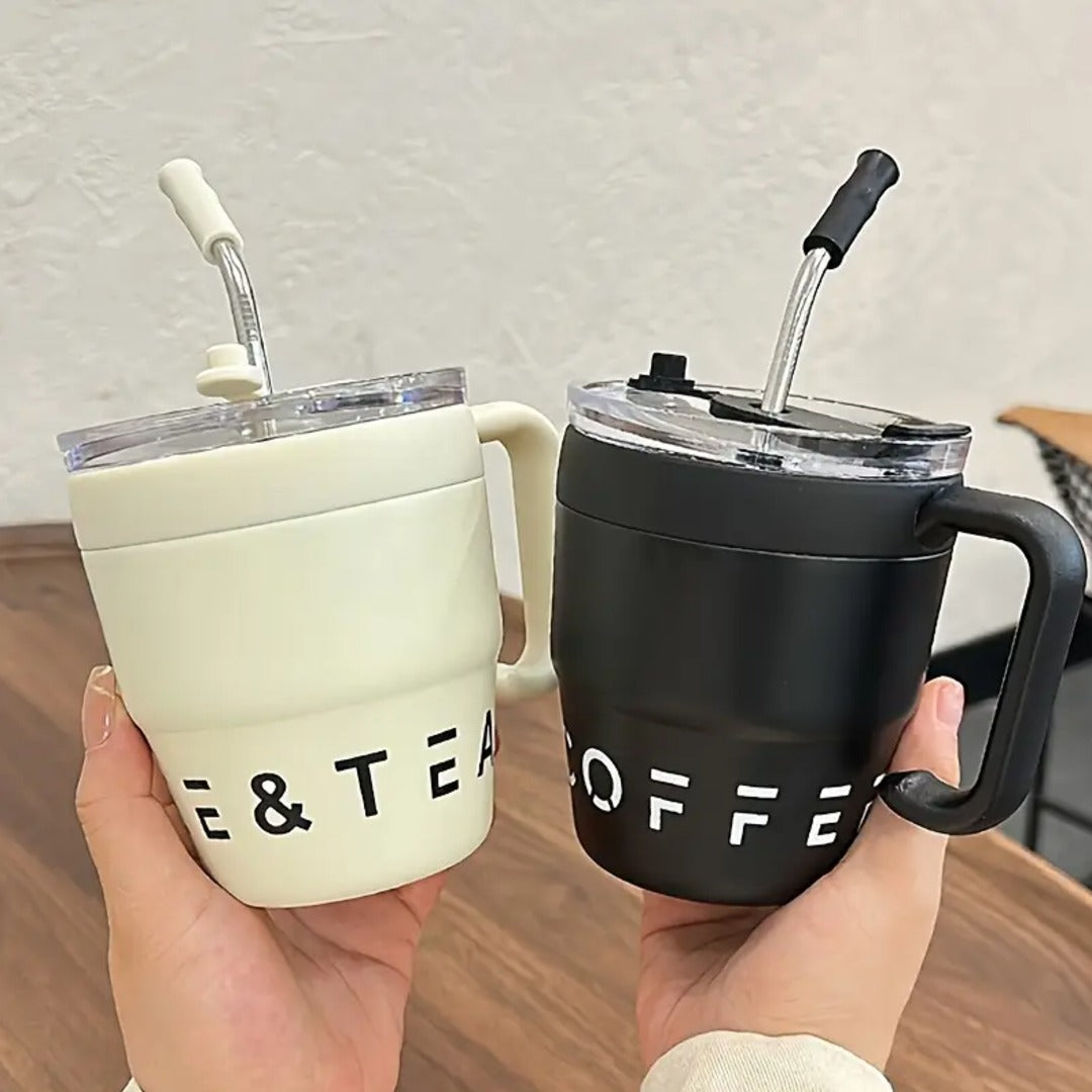 Stainless Steel Coffee Mug with Handle & Straw