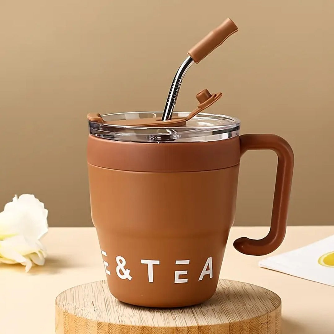 Stainless Steel Coffee Mug with Handle & Straw