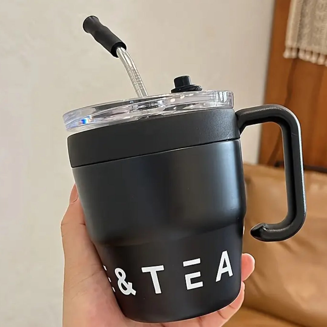 Stainless Steel Coffee Mug with Handle & Straw