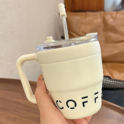 Stainless Steel Coffee Mug with Handle & Straw