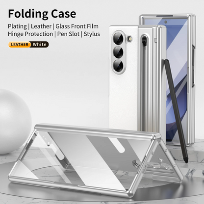 Galaxy Z Fold6 Plating Leather Case with Pen Slot & Hinge Protection